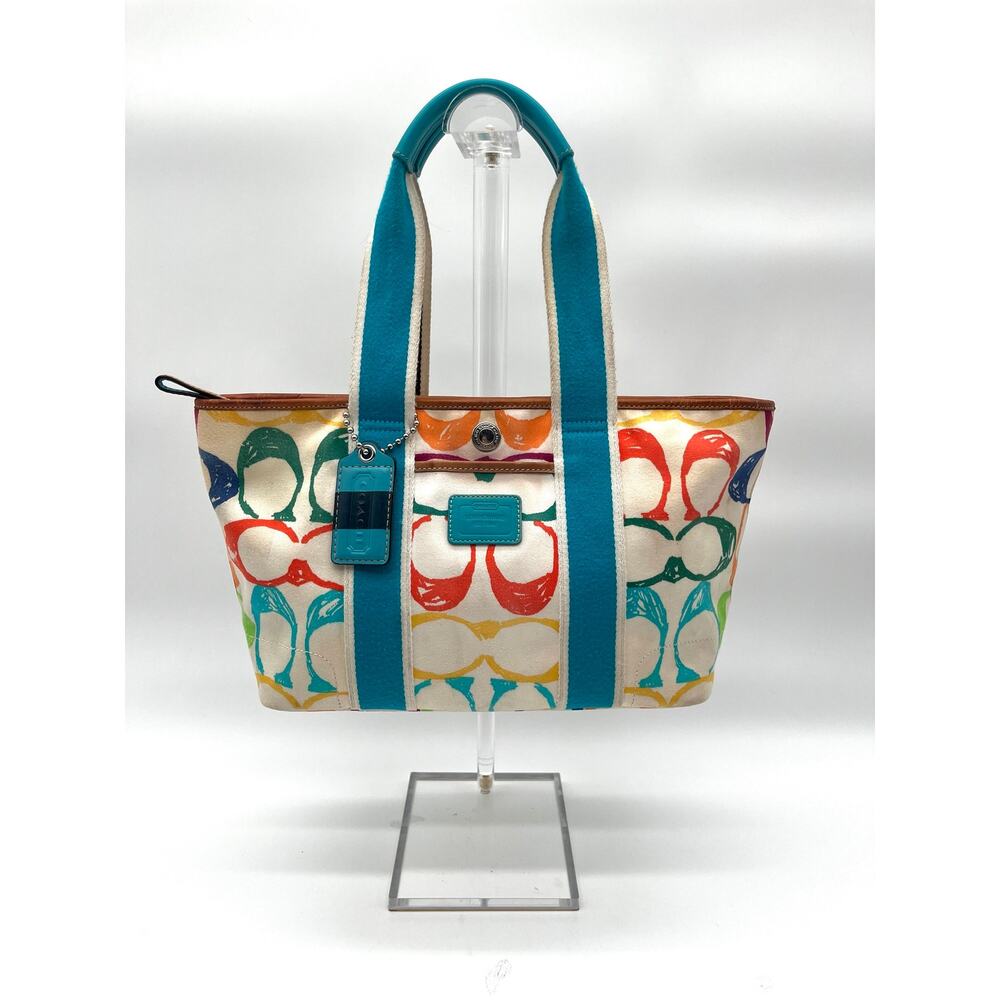 Coach Vintage MulticolorPrint Canvas Tote with Teal Straps